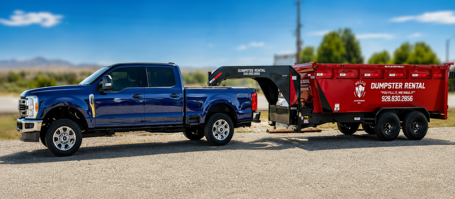 The same truck and dumpster photo but with a slightly enhanced background — richer blue sky with a few soft clouds, more vibrant green trees in the distance, and the ground/gravel area looking a bit cleaner and more polished. Keep the truck, dumpster, and all foreground elements exactly the same — only subtly enhance the background scenery.